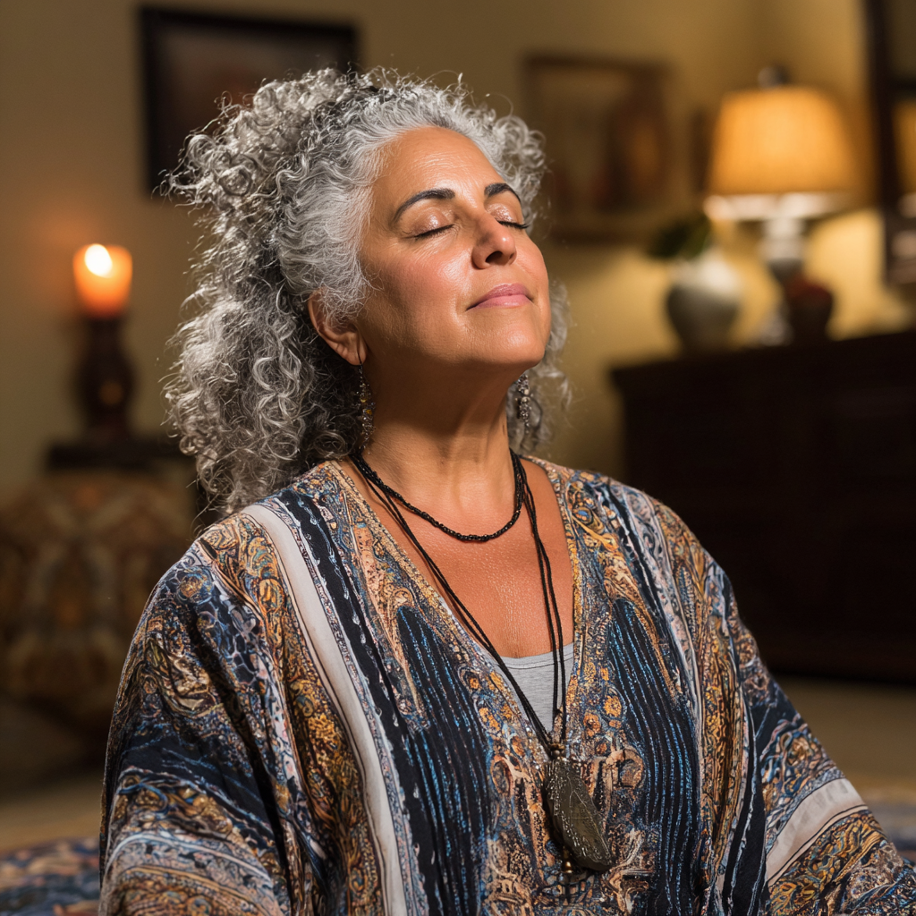 Жінка 52 роки сидить у зручній позі з прямою спиною та виконує дихальну вправу з закритими очима в тихій кімнаті з м'яким освітленням