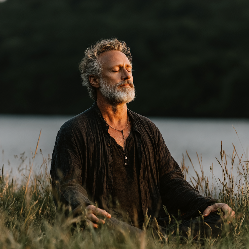 Чоловік 58 років сидить у медитативній позі лотоса на природі біля озера на світанку з закритими очима та спокійним виразом обличчя